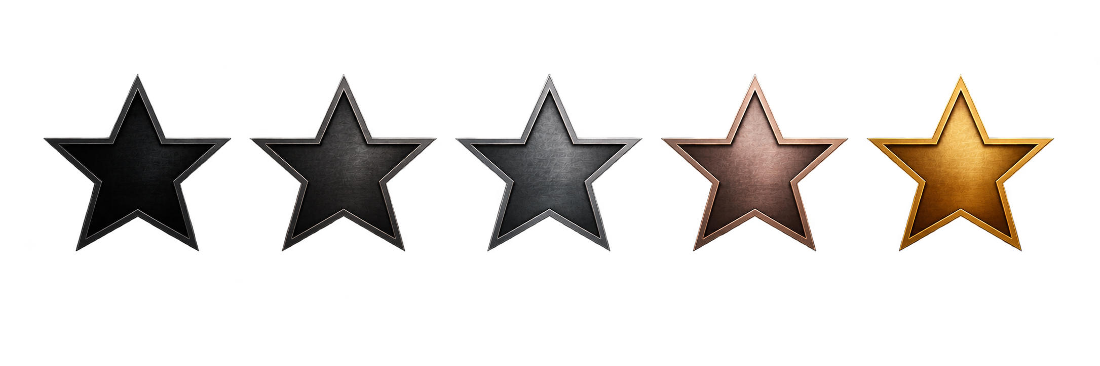 Five-star rating spectrum progressing from black through iron, bronze, silver, rose gold, and gold
